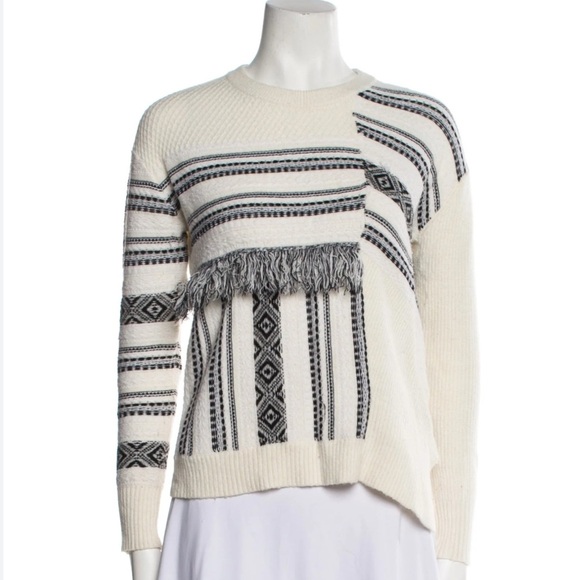 White + Warren White and Black Striped Fringe Textured Sweater, Sz S - Picture 4 of 6